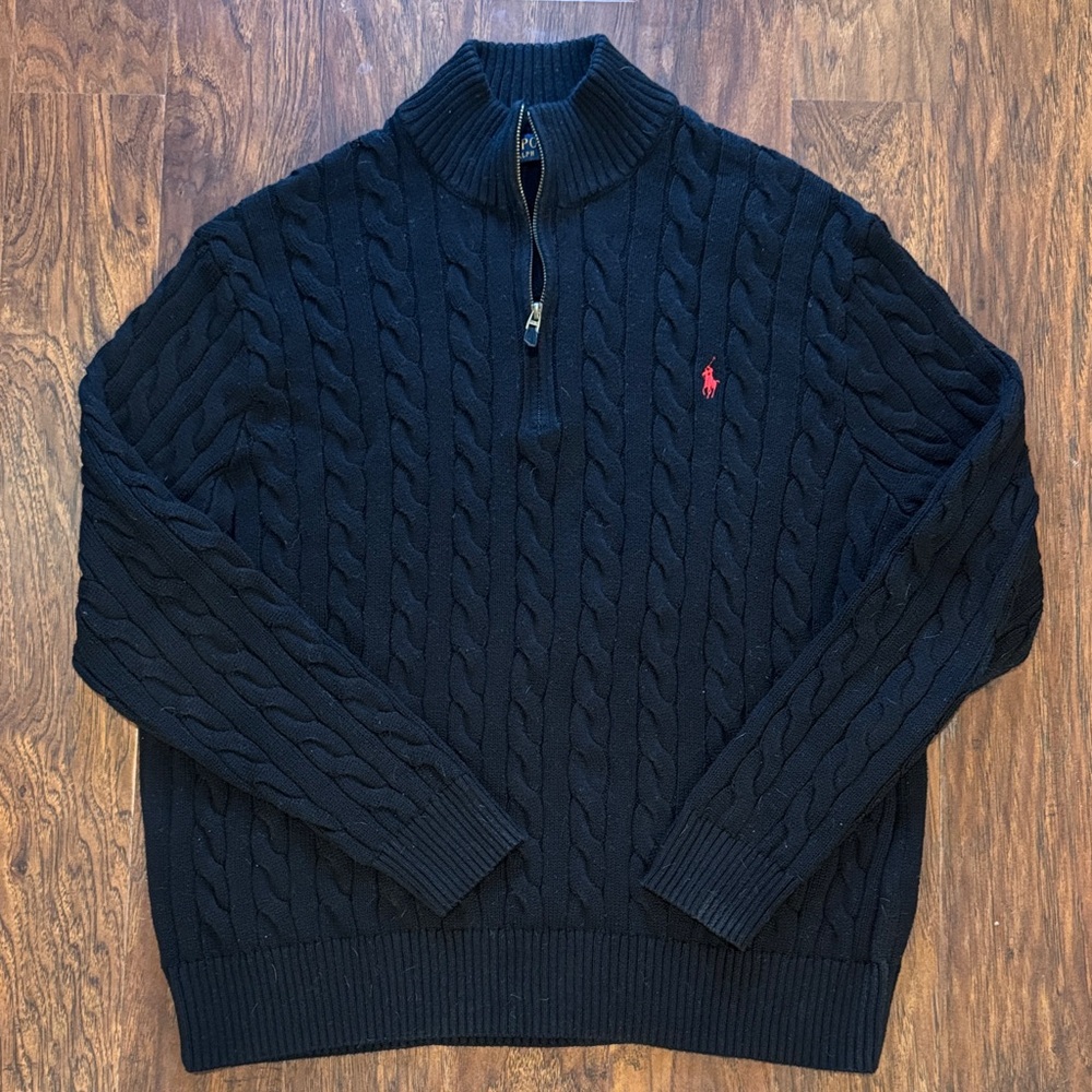 Polo by Ralph Lauren Black Cable-Knit Half-Zip Sweater with Red Pony